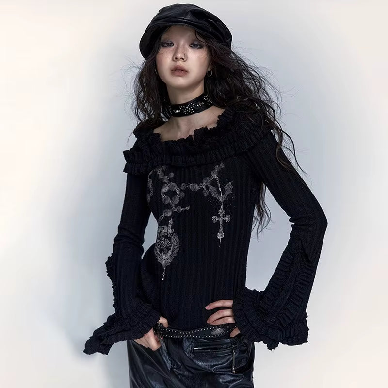 Adorned rib knit off shoulder shirt
